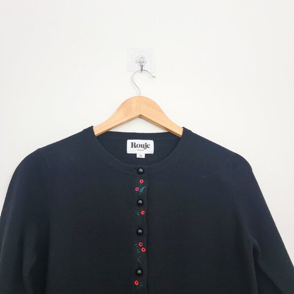 Rouje Perrine Floral Embroidered Wool Cardigan in Black 36 4 - Picture 4 of 8